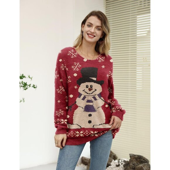 Women Christmas Sweater Graphic Print Oversized Pullover Floral 175 Loose Top - Picture 4 of 4